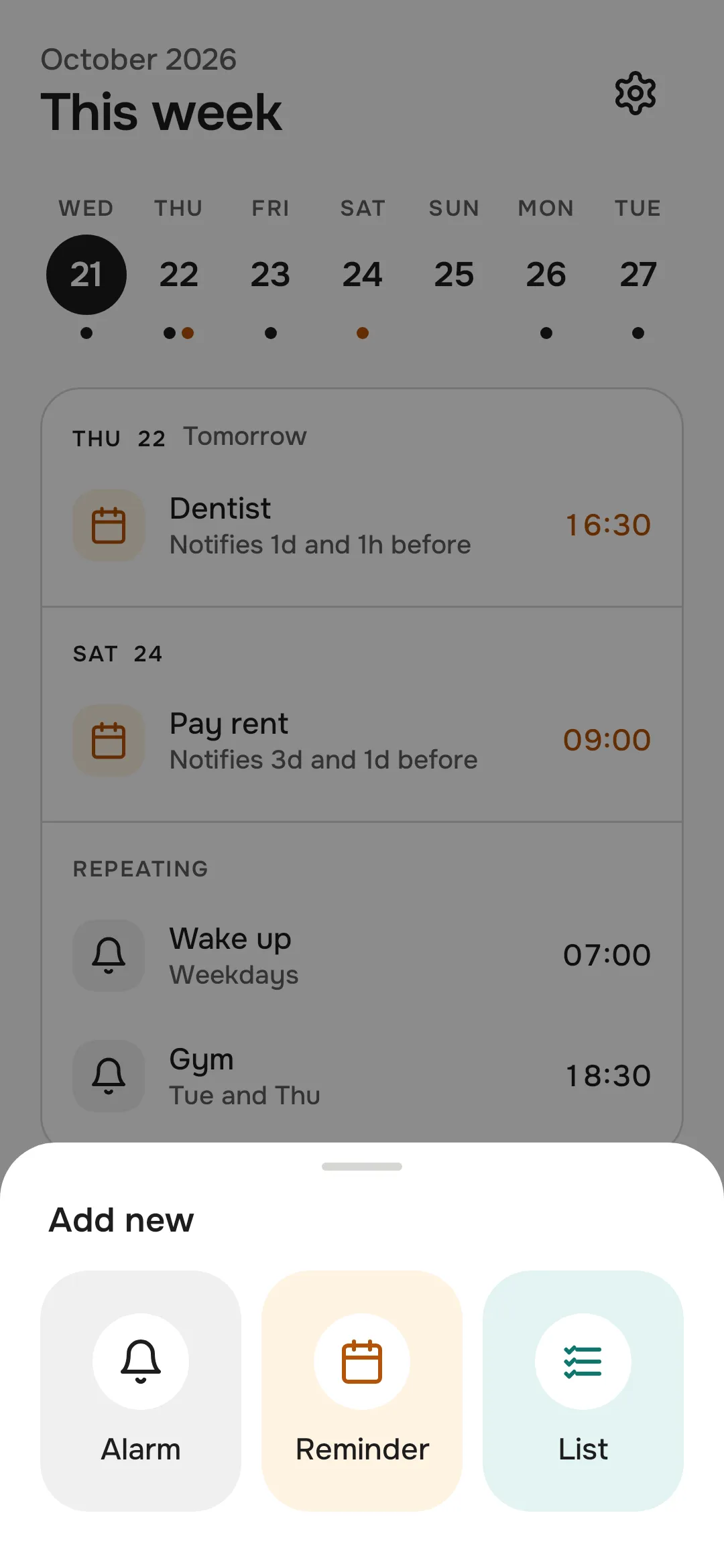 The add sheet with alarm, reminder and list