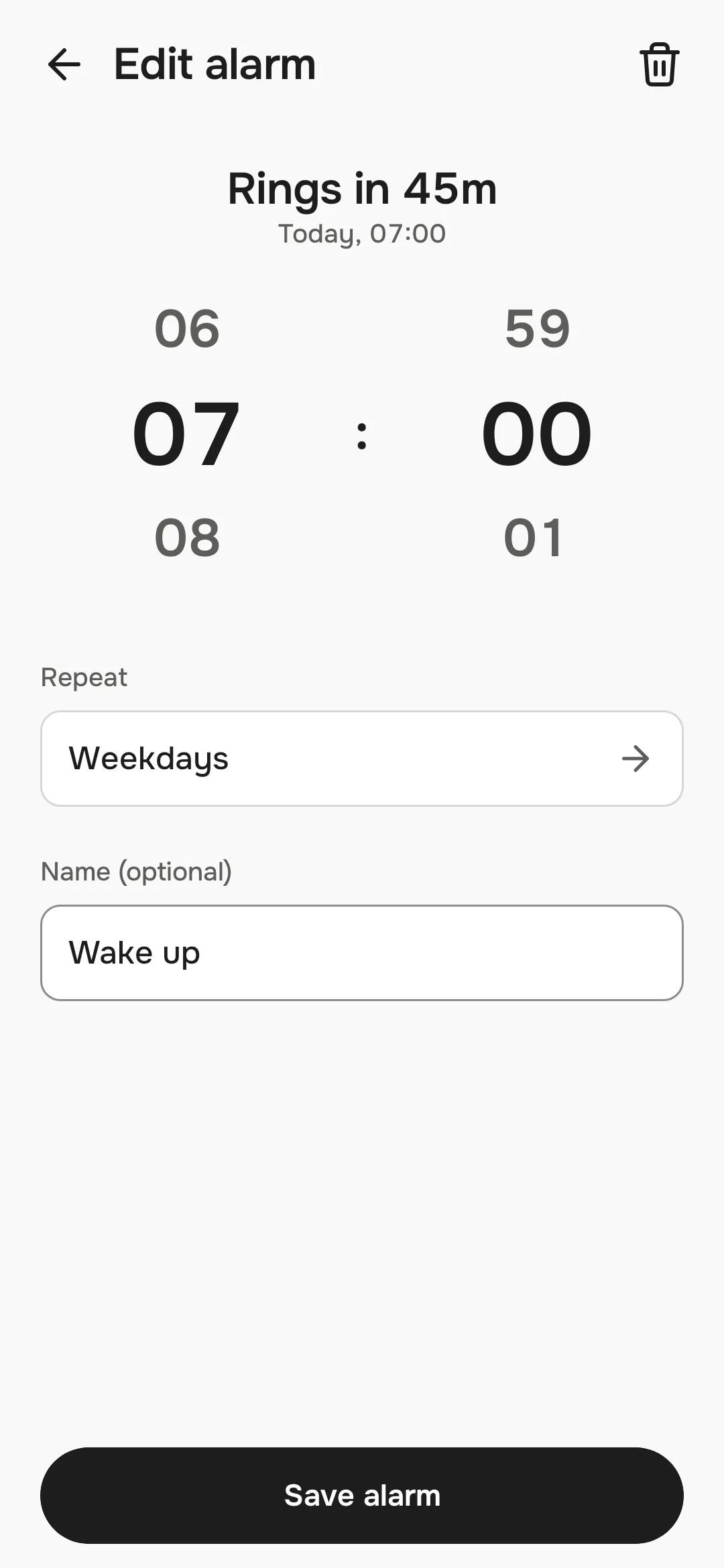 The alarm form with the time wheels and repeat field