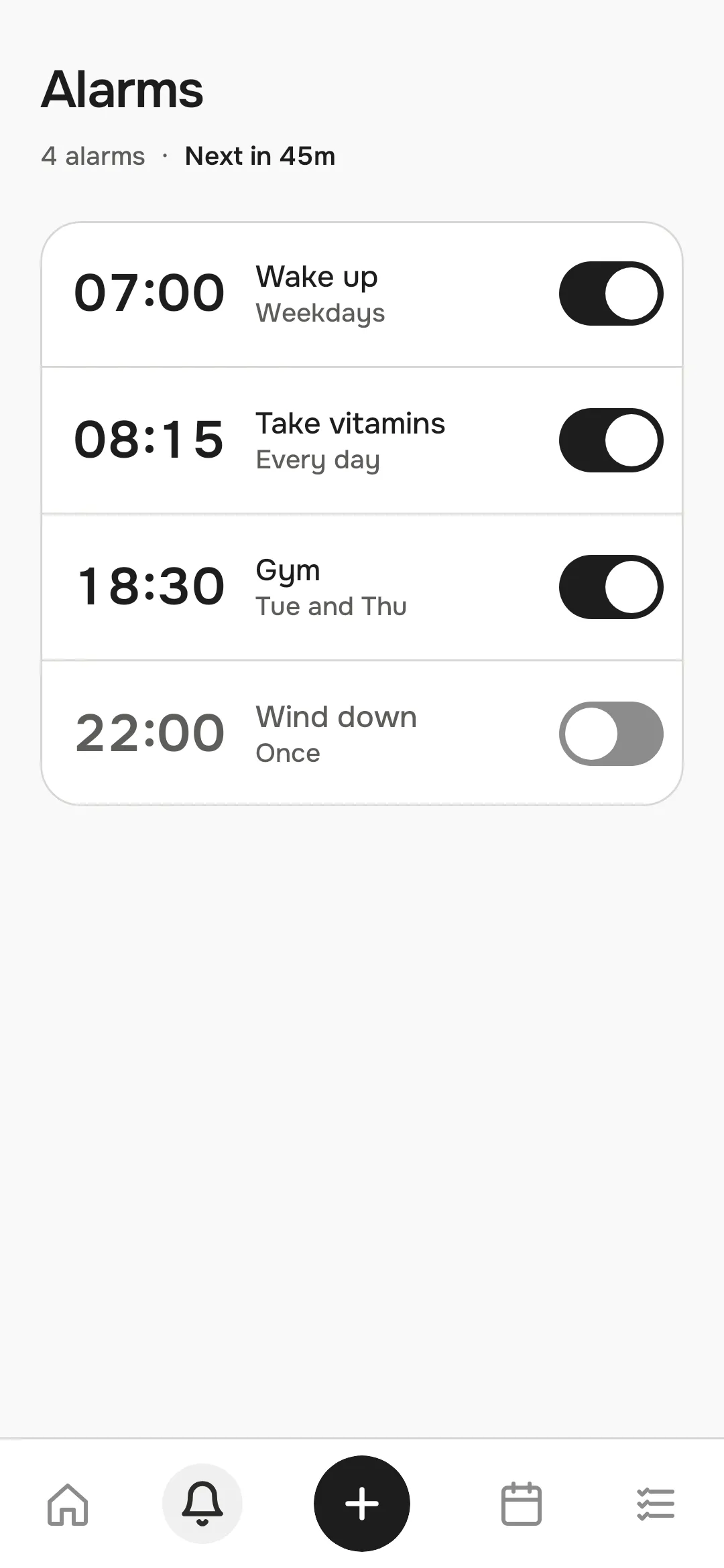 The alarm list with times, repeat days and switches