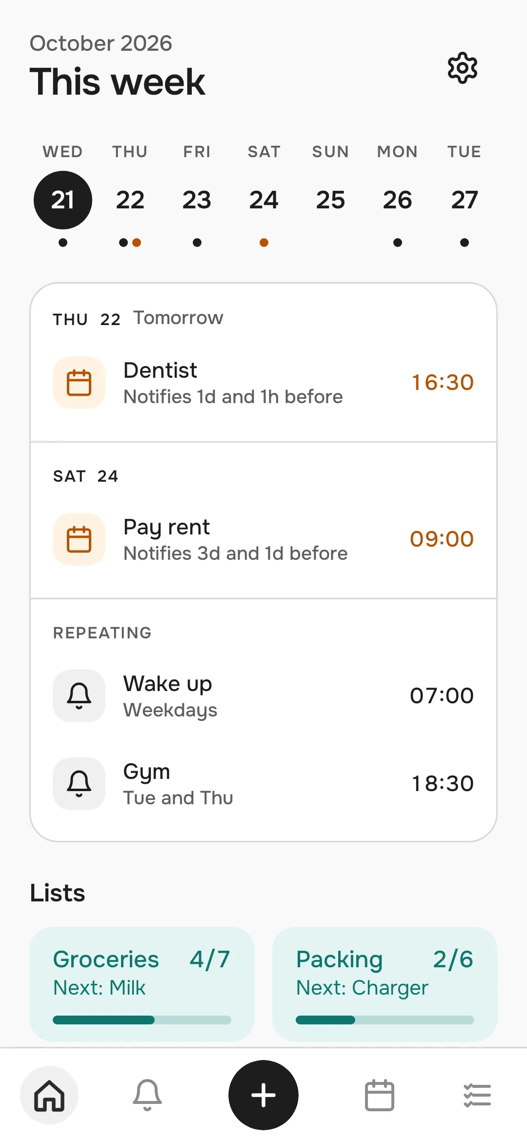 The home screen with the week strip, today's agenda and list progress