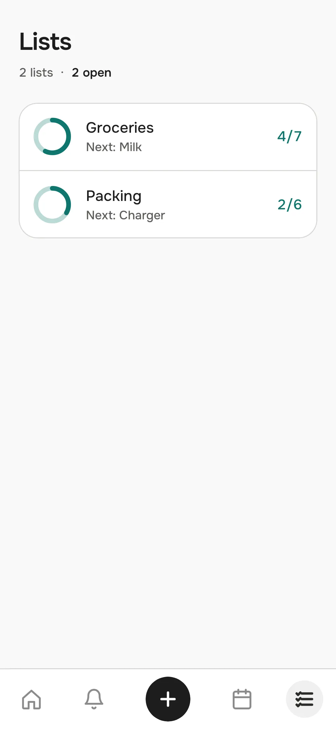 The lists with progress rings and the next item