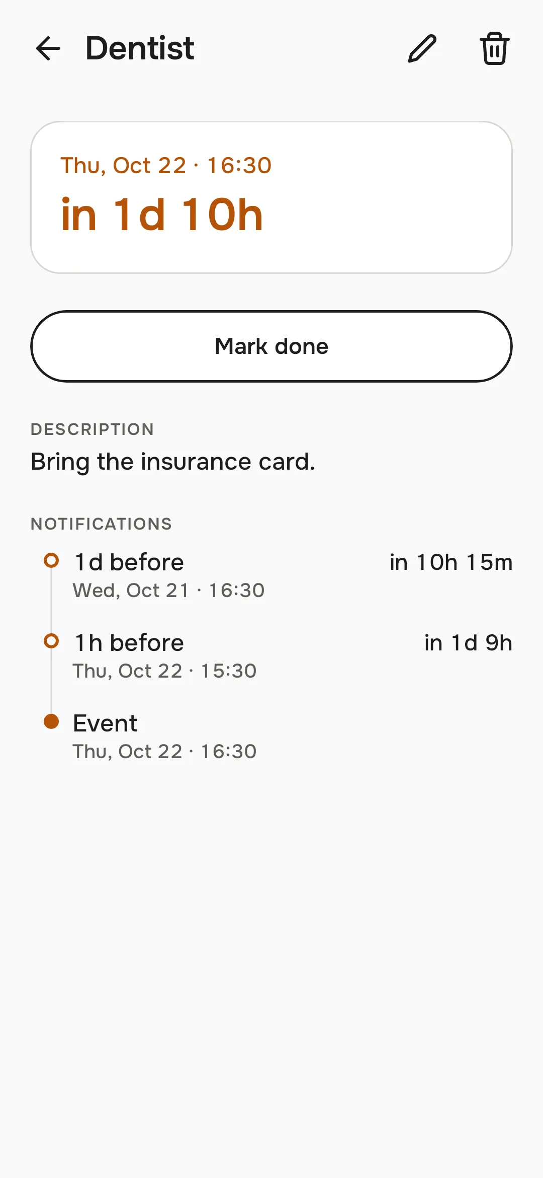 A reminder with its countdown and notification timeline