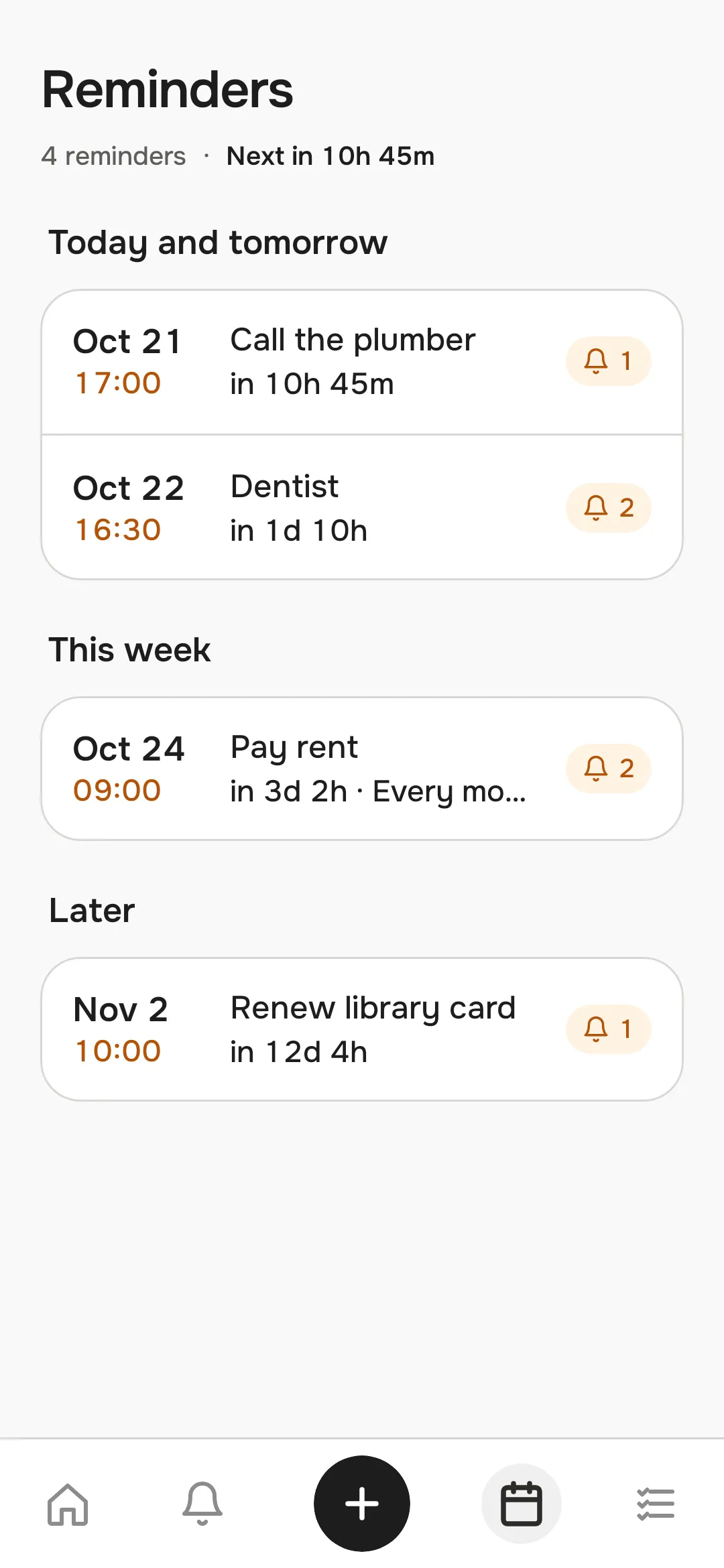 The reminders list grouped by when they are due