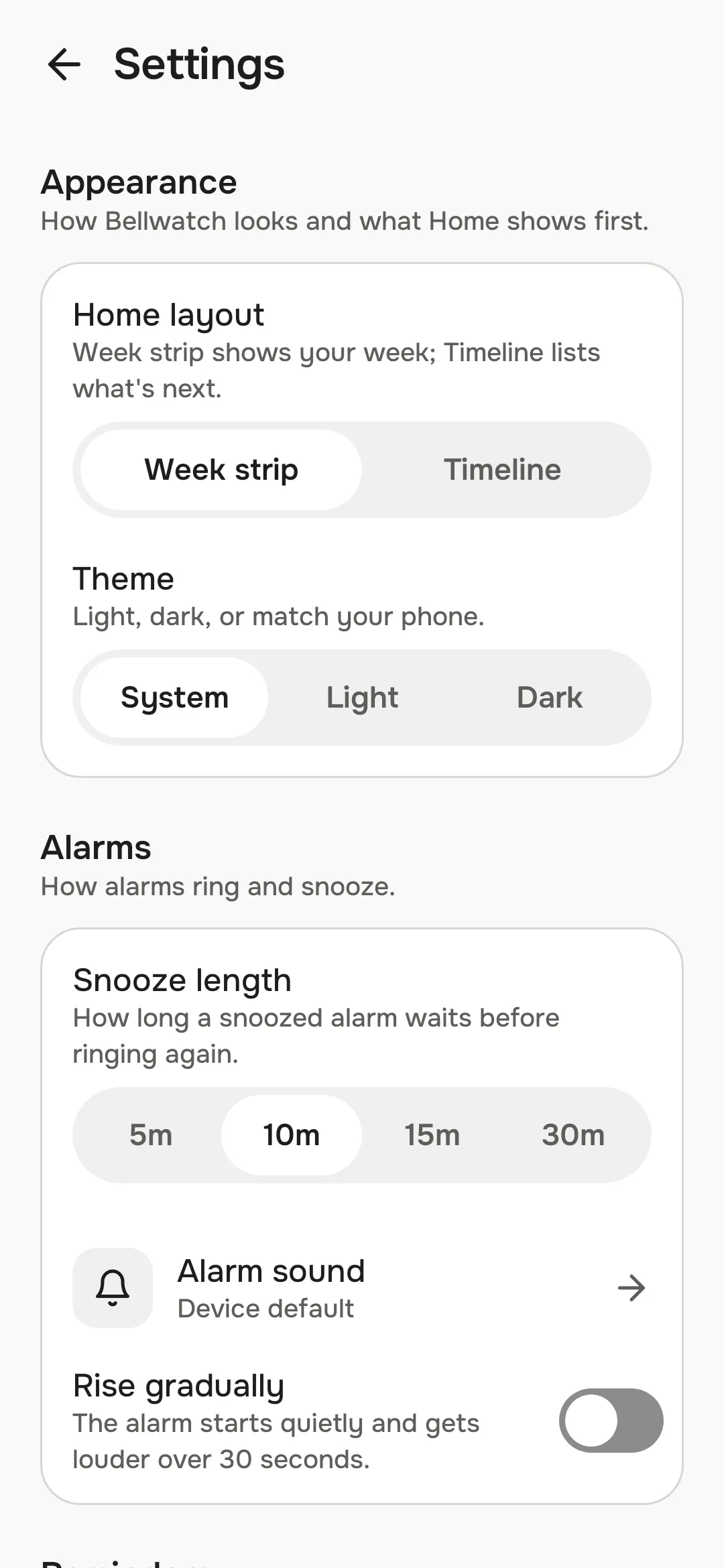 The settings with layout, theme, snooze and backup